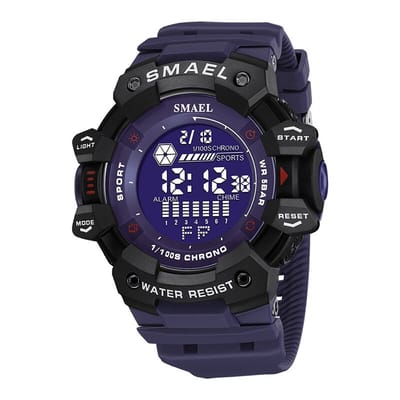 Shock bestendig Heren Horloge Zwart blauw met Zwarte rubber band | Digitaal | Smael | Blauw | Glow in dark  | Mud Master | 8049 | Leger | Army | Grof | Licht | Rubberen band | Timer | shock Bestendig | Eyecatcher | Master|