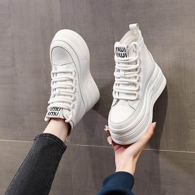 8CM Echt Leer PU Lente Herfst Enkellaarsjes Dames Platform Gedempte Wedge Hoge Chunky Sneakers Mode Schoenen 36