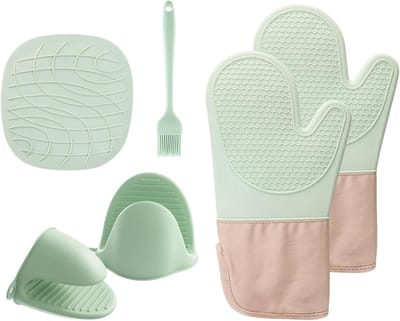 Duurzame Siliconen Ovenhandschoenen Set van 6, Keukenaccessoires voor Grill, Oven en Magnetron met Coaster, Haak en Borstel (Mint Groen)