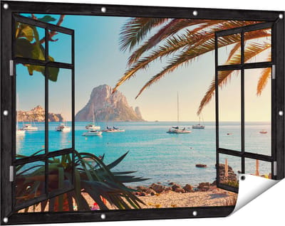 Gards Tuinposter Doorkijk Ibiza Cala d'Hort Strand - 120x80 cm - Tuindoek - Tuindecoratie - Wanddecoratie buiten - Tuinschilderij
