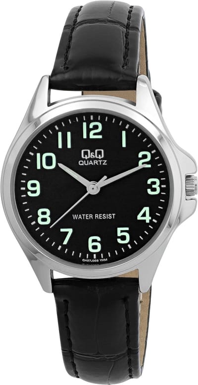 Q&Q QA07J305Y - Horloge - Analoog - Dames - Vrouwen - leren band - Metaal - Rond - Zwart - Zilverkleurig - 5 ATM