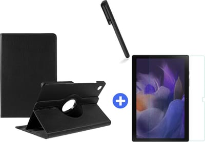 Hoesje Geschikt Voor Samsung Galaxy Tab A8 Hoes 10.5 inch 2021 draaibare hoesje - Zwart + tempered glass screenprotector + stulus pen