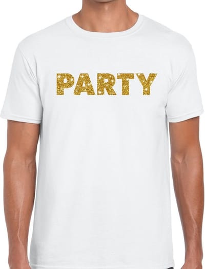 Bellatio Decorations Glitter and Glamour Party - T-shirt - wit - gouden letters - voor heren - feestkleding S