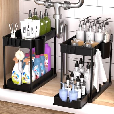 Famanu - Set van 2 uittrekbare opbergrekken voor onder de wastafel, multifunctionele keukenorganizers, zwart