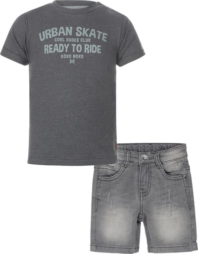 Koko Noko - DJ Dutch Jeans Kledingset - Jongens - Grey Jeans Short - Shirt Steel Blue - Maat 104