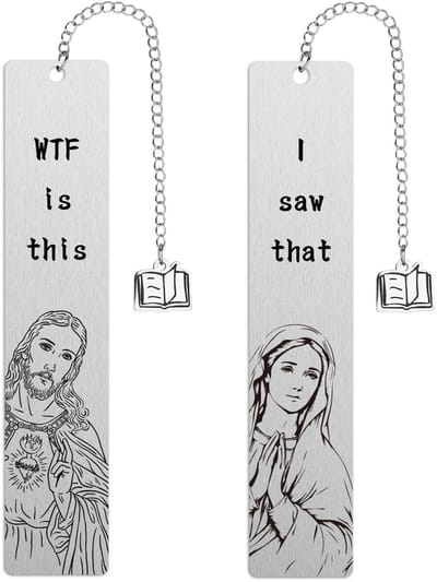 Dailygoods- Bladwijzers 2 Stuks - Grappige Jezus/Maagd Maria - Roestvrij Staal - 13x2,5 cm - Nieuwigheid Cadeau - Compact en Lichtgewicht - Boekenlegger