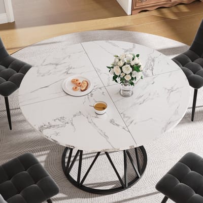 Wishdor - Ronde Eettafel - Marmerlook En Verstelbare Voetjes - Modern - Eetkamer - MDF - Zwart - 100 X 100 X 76 Cm