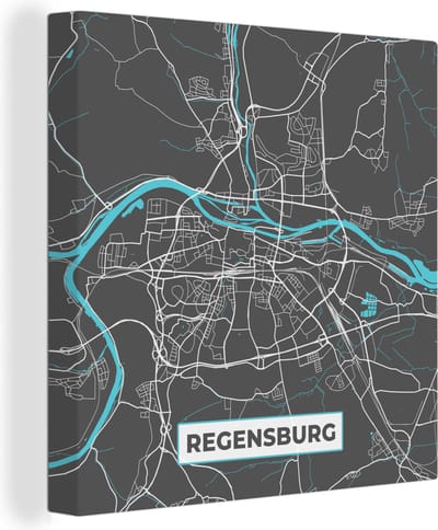 Canvas Schilderij Stadskaart – Plattegrond – Duitsland – Blauw – Regensburg – Kaart - 20x20 cm - Wanddecoratie