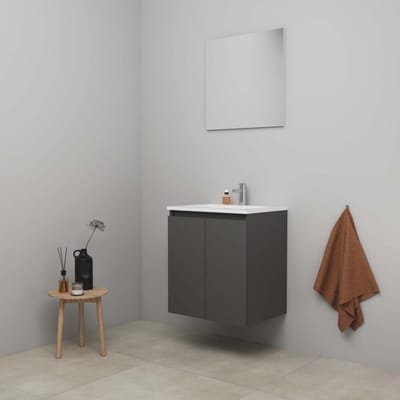 On-Line Badkamermeubelset - 60 cm - Bouwpakket - Greeploos 2 Deuren - Acryl Wastafel - 1 Kraangat - Spiegel - Mat Antraciet