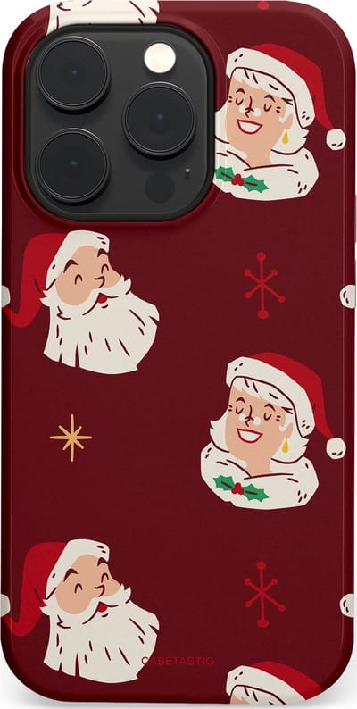 Casetastic hoesje geschikt voor Apple iPhone 14 Pro - MagSafe - Dubbellaagse bescherming - Mr. & Ms. Santa - Kerst - Fashion Case - Bordeaux Lichtgrijs Taupe