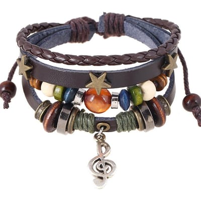 Bracelet Unisexe Ajustable Enveloppant Fait Main Design Bohème Gitan Hippie Cuir Marron Charms Métal Note Clé de Sol Bouton en Bois Perles marron