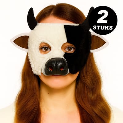 Koeienmasker Zwart Wit – Pluche Dierenmasker met Oren, Hoorns & Snuit – Verkleedmasker Carnaval & Feest – Set van 2 stuks
