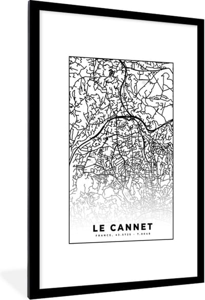 Fotolijst incl. Poster Zwart Wit- Kaart - Plattegrond - Le Cannet - Frankrijk - Stadskaart - Zwart wit - 80x120 cm - Posterlijst