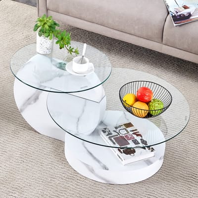 MODENUIT Salontafel - Tweelaags Ontwerp Met Veiligheidsglas - Voor Woonkamer - MDF In Wit Met Marmerlook - 70 Cm