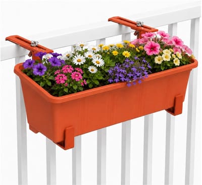 Geli Plantenbak Balcony - terracotta - met metalen ophangbeugels van zelfde kleur - 40 x 18 x 15 cm - hard kunststof - langwerpig