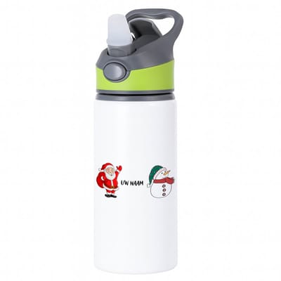 Hacebo® - Kerst sneeuwpop en kerstman met eigen naam waterfles met rietje groen - Kerstmis - Kerst beker - winter - kerst - christmas - kerst cadeau - water fles - 650ML