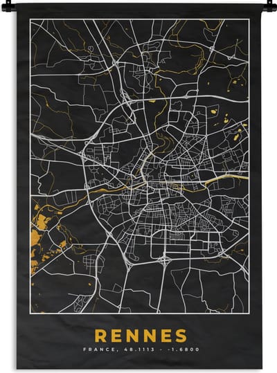 Wandkleed - Wanddoek - Kaart – Plattegrond – Rennes - Frankrijk – Stadskaart - 120x180 cm - Wandtapijt
