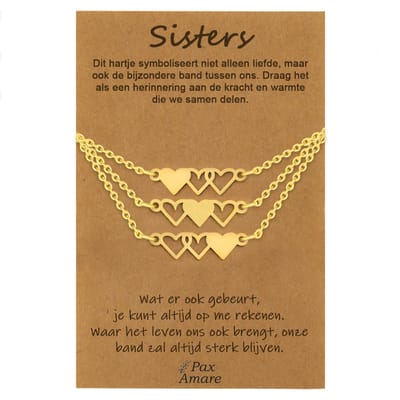 BFF Ketting voor 3 'Sisters' - Hartjes - Vriendschapsketting op Cadeau Kaartje - 45cm + 5cm verstelbaar - Goudkleurig - Best Friends Hanger - Pax Amare