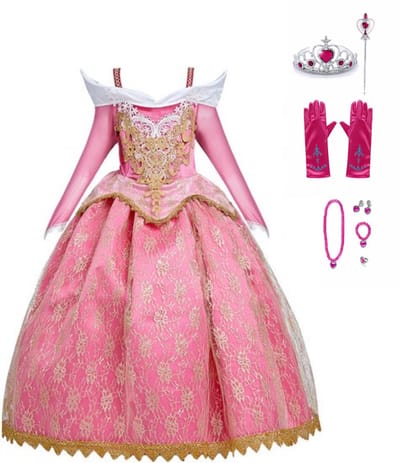Prinsessenjurk Meisje - Roze Jurk - Verkleedkleren Meisje - maat 92/98 - Prinsessen Verkleedkleding - Kroon - Toverstaf - Handschoenen - Carnavalskleding Kinderen - Kleed - Verjaardag meisje - Cadeau meisje