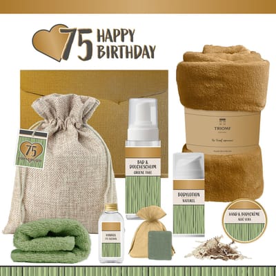 Geschenkset “75 Happy Birthday” - 8 producten - 1140 gram - Triomf Cosmetica | Luxe wellness Cadeaubox voor haar Giftset Feestje Verjaardag Vijfenzeventig jaar Cadeau Pakket Gefeliciteerd Verjaardagscadeau Vrouw Seventy-five Years Hartje Goud Groen