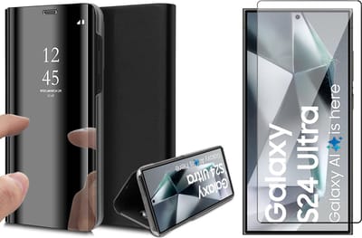 Hoesje geschikt voor Samsung Galaxy S24 Ultra - Screenprotector Volledig Dekkend Glas - Spiegel Book Case Zwart