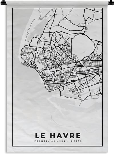 Wandkleed - Wanddoek - Stadskaart - Frankrijk - Le Havre - Kaart - Plattegrond - Zwart wit - 120x180 cm - Wandtapijt