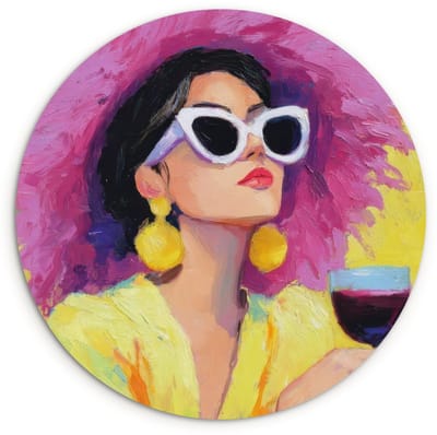 WallCircle® Wandcirkel 120x120 cm - Muurcirkel Vrouw - Hoed - Paars - Wijn - Muurdecoratie woonkamer - Wanddecoratie slaapkamer - Kamer decoratie accessoires - Ronde schilderijen XXL
