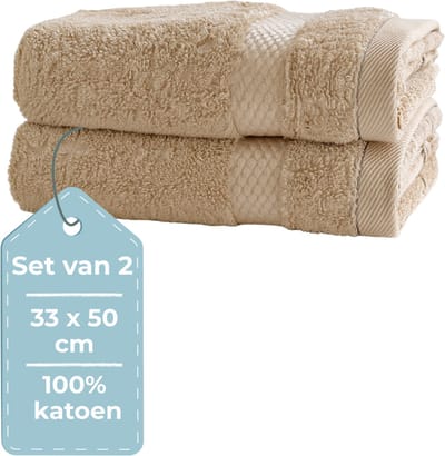 HUSH Living - Gastendoek - Set van 2 - 33×50 cm - 100% Katoen - Zware kwaliteit 500g/m2 - Stijlvol Boord en Ophanglus - Zand