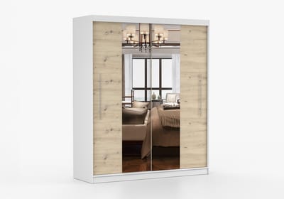 Kledingkast NICO I 203 cm - 2-deurs schuifdeurkast met spiegel en kledingstang - Garderobekast met ruime opbergruimte - Moderne kast voor slaapkamer en hal (Wit + Artisan)