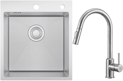 CECIPA max Spoelbak voor keuken 44*49CM - Spoelbak Keuken Met Keukenkraan Met Uittrekbare Uitloop - Enkele spoelbak Met waterafvoersysteem - Voor 45 cm Kast - RVS