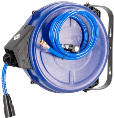 Luchtslanghaspel PU | Binnen Ø 9.5 / Buiten Ø 13.5 mm | 3/8 buitendraad | 12 meter | 15 bar | Wandmodel | Zelfoprollend | Draaibaar | Met accessoires