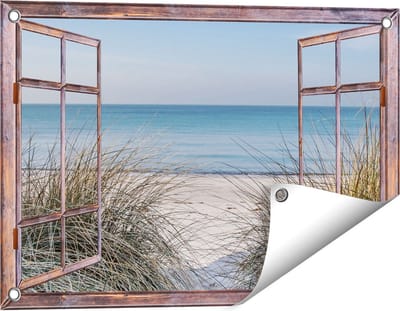 Gards Tuinposter Doorkijk Strand en Zee vanuit de Duinen - 60x40 cm - Tuindoek - Tuindecoratie - Wanddecoratie buiten - Tuinschilderij