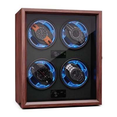 Klarstein Kabel watchwinder voor automatische horloges, automatische watchwinder voor 4 horloges, automatische watchwinder met acryl kijkvenster, automatische watchwinder, blauwe leds, watchwinder met 4 TPD instellingen