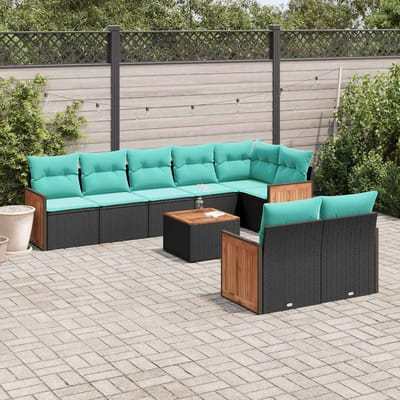 vidaXL - 9-delige - tuinbankset - met - kussens - van - zwart - polyrotan