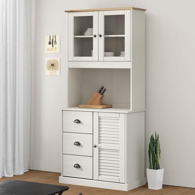 Dressoir opzetstuk - Vitrine kast - Servies opbergen - Massief grenenhout - 78 x 30 x 100 cm - Wit