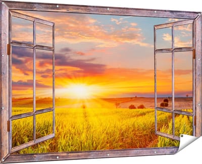 Gards Tuinposter Doorkijk Zonsopgang op het Maïsveld - 180x120 cm - Tuindoek - Tuindecoratie - Wanddecoratie buiten - Tuinschilderij
