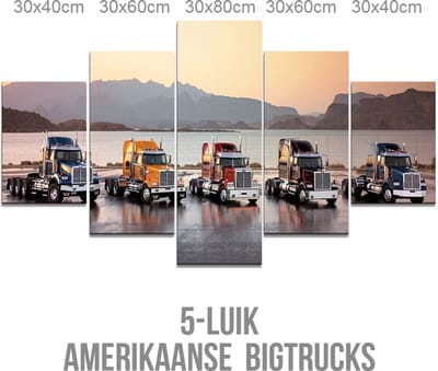 Allernieuwste.nl® Canvas Schilderij 5-luik Amerikaanse Trucks - USA Bigtrucks - Poster - 5-luik 80 x 150 cm - Kleur