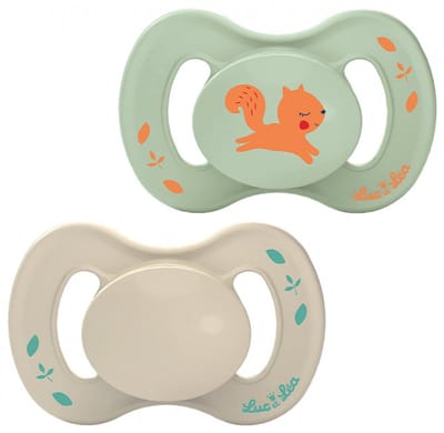 Luc et Léa Nature 2 Anatomische Fopspenen Extra-Fijne Speen 6-18 Maanden (Modellen : Eekhoorn en mollengroen)