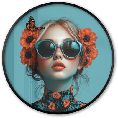 Poster in lijst Rond - Fotolijst 60x60 cm - Posters - Vrouw - Blauw - Vlinder - Bloemen - Aesthetic - Ronde posterlijst zwart - Decoratie - Wanddecoratie woonkamer - Muurdecoratie slaapkamer
