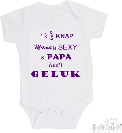 100% katoenen Romper "Ik ben knap Mama is SEXY & Papa heeft GELUK" Meisjes Katoen Wit/paars Maat 62/68