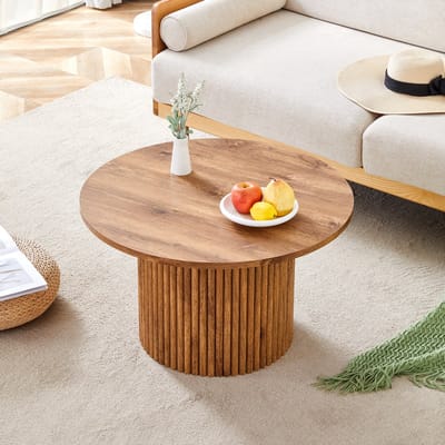 Salontafel van MDF met een diameter van 70 cm: Ronde bijzettafel met een ontwerp in de stijl van een Romeinse kolom, geïntegreerd metalen frame, retro luxe stijl voor de woonkamer. Perfect voor Europese interieurs.