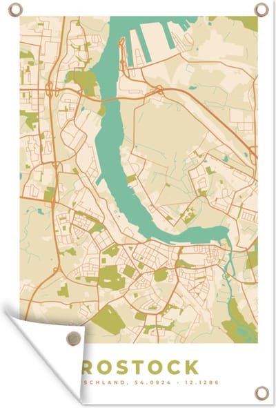 Muurdecoratie Rostock - Plattegrond - Stadskaart - Kaart - Vintage - 120x180 cm - Tuinposter - Tuindoek
