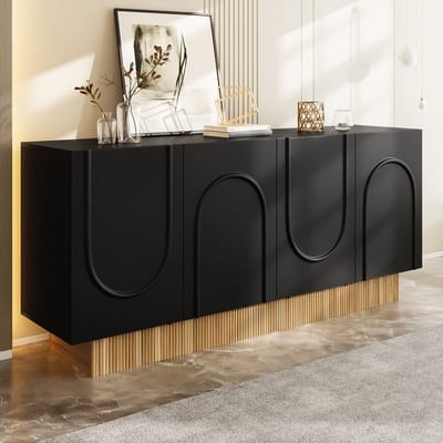 DESMIU Dressoir - Modern U Reliëf Design Met 4 Deuren - Veel Opbergruimte Voor Woonkamer En Eetkamer - Spaanplaat - 160x38x75 Cm - Zwart Houtkleur