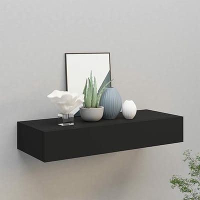 Wandkast met Lade 60 x 23,5 x 10 cm – Zwevende Wandplank met Opberglade – Hangende Wandkast voor Slaapkamer, Woonkamer & Kantoor – MDF & Metaal – Zwart – Pauwhome