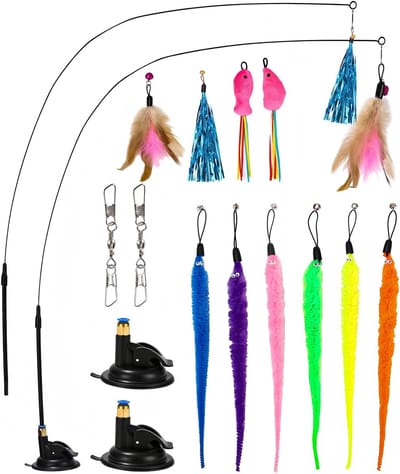 16 stuks kattenspeelgoed - interactieve kattenhengel en veer/bug/muisvervanging met belletjes
