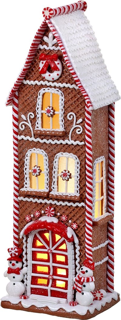 Viv! Christmas Kerstbeeld - Hoog Gingerbread Huis met Sneeuwpop incl. LED Verlichting - rood wit bruin - 43cm