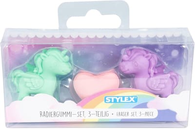 SnelShoppen - Eenhoorn-gum Set 3-delig - Schattige Gummen voor Kinderen - Perfect voor School, Creatief Schrijven - Hartje en Pegasus Design - Willeke
