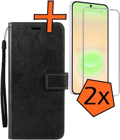 Hoes - Met 2x Screenprotector - Geschikt voor Samsung Galaxy A37 - Luxe Pasjeshouder - Bookcase Portemonee - Flip Case - Kunstleer Book Case - Flipcase Hoes - Book Cover - Walletcase - PortemonneeHoes - Zwart