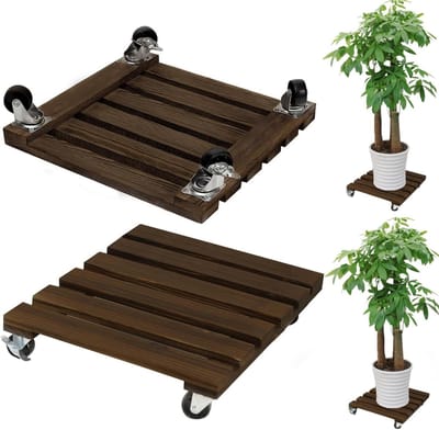 Plantenroller Vierkant - Bloempotonderzetter Rolplank - Planten Verplaatsen - 100 kg Draagkracht - 35 x 35 cm - Houtkleur