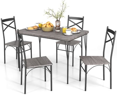 COSTWAY 5-delige eettafelset, keukentafel met 4 stoelen, eetgroep voor 4 personen, eetkamergroep, zitgroep, metalen frame, voor keuken, eetkamer, ruimtebesparend